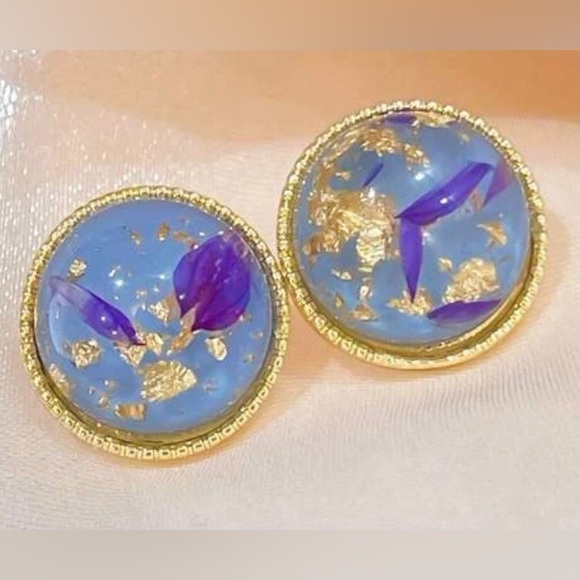 “Navy Calla Lily Petals” Blue Pressed Preserved Dried Flower Gold Flake Orb Stud - Picture 8 of 16